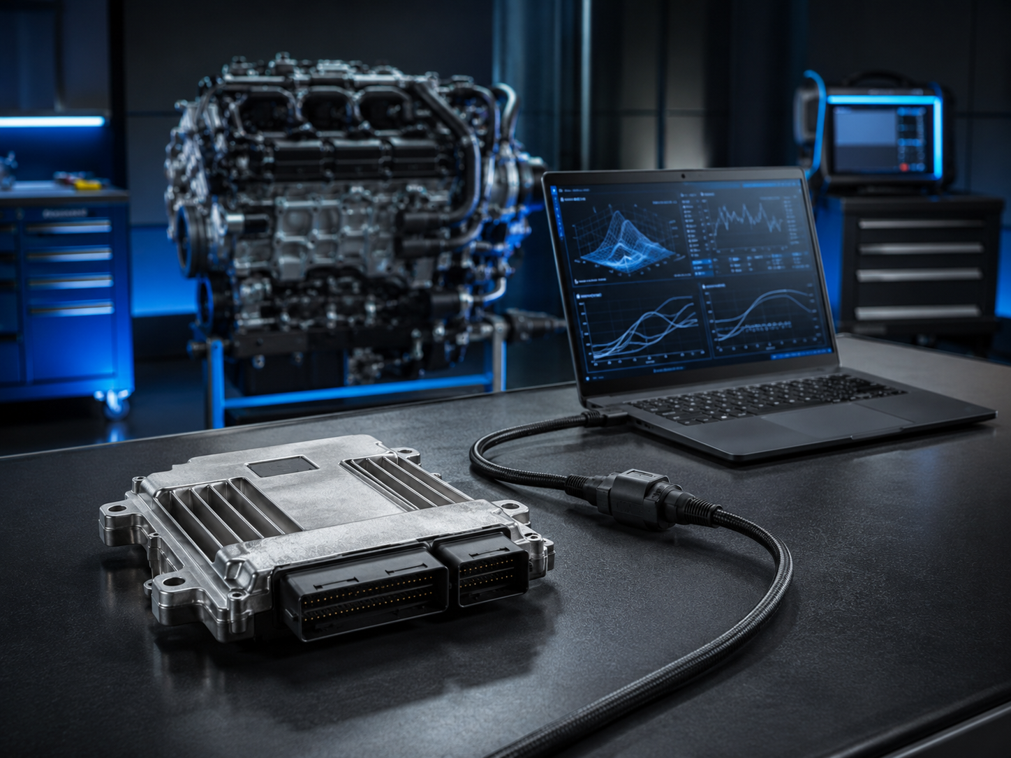 Calculateur moteur connecté à un équipement de diagnostic et de programmation